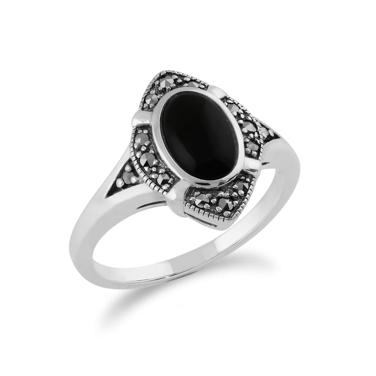 Anello art deco gemondo, argento sterling 925 da 1,00 carati, onice nero e marcasite, anello art deco