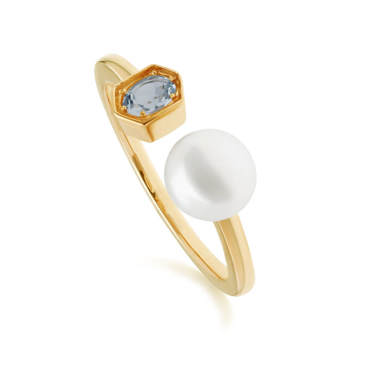 Anello aperto con perla moderna Argento 925 placcato oro Perla e topazio azzurro