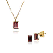 Pendentif et Boucles d'Oreilles Clou Classique Or Jaune 375 Grenat Baguette