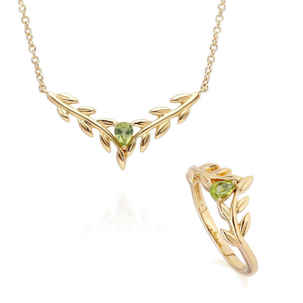 Anello e collana O Leaf con peridoto in oro giallo 375