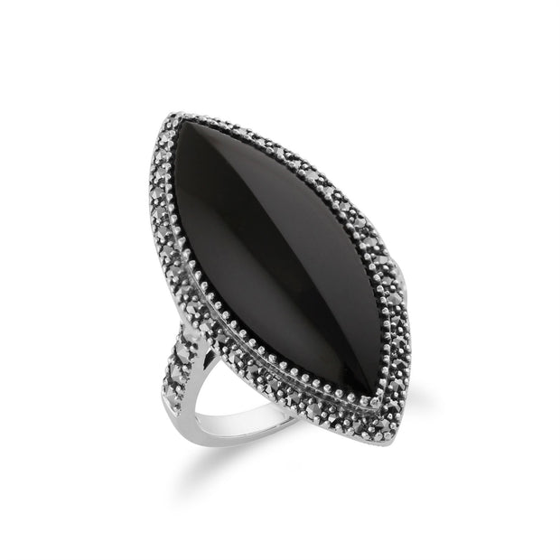 Gemondo Anello Art Déco, Argento sterling 925 da 12,5 ct Anello con onice nero e marcasite