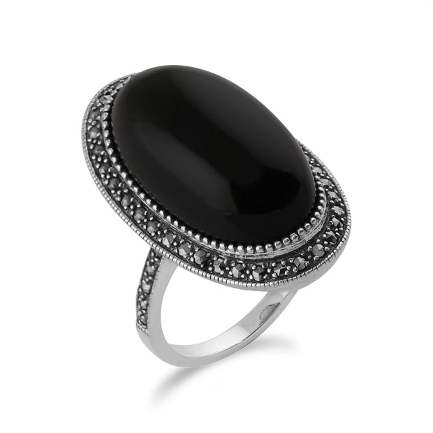 Anello Gemondo in stile Art Déco, anello ovale in stile cocktail in argento da 19,33 ct con onice nero e marcasite