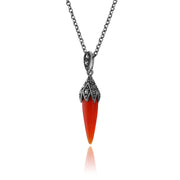 Collana e orecchini con pendente in stile Art Déco in argento 925 e cabochon rosso corniola e marcasite