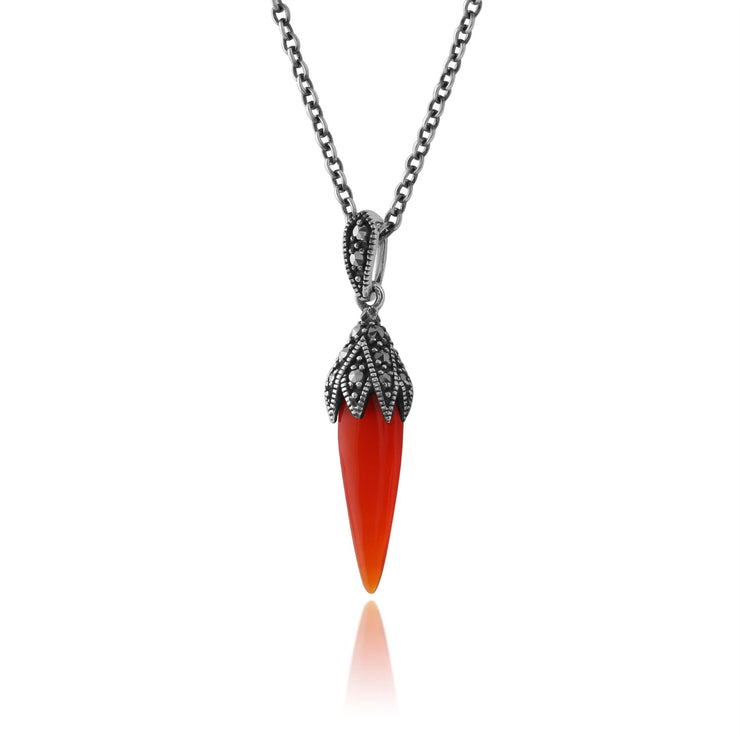 Collana e orecchini con pendente in stile Art Déco in argento 925 e cabochon rosso corniola e marcasite