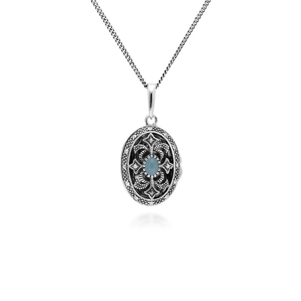 Collana portafoto in stile Art Nouveau in argento 925 con tinta di giada verde ovale