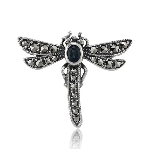 Spilla Libellula Stile Art Nouveau Argento 925 Ovale Zaffiro e Marcasite