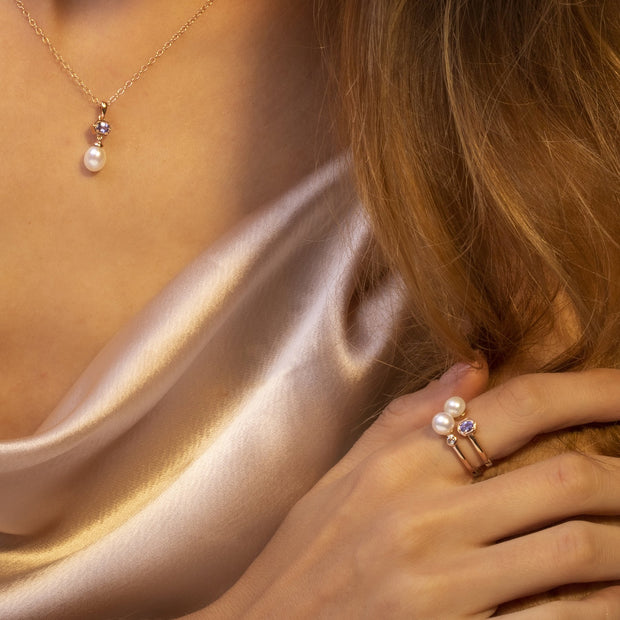 Anello aperto con perla moderna Argento 925 placcato oro rosa Perla e tanzanite