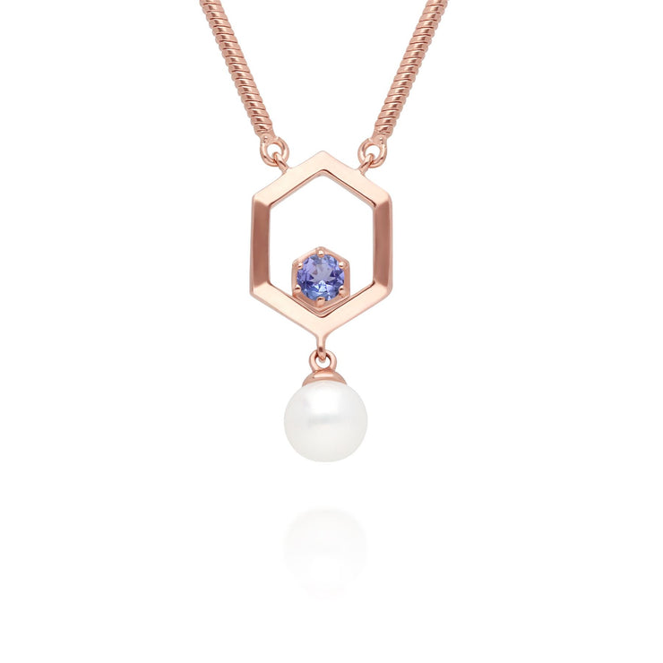 Collana di perle moderne Argento 925 placcato oro rosa Perla e tanzanite esagonale