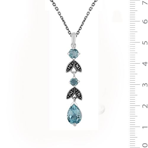 Collana e orecchini a foglia in stile Art Déco Argento 925 Topazio azzurro Pera e marcasite