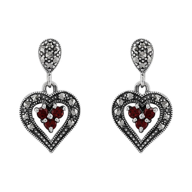 Orecchini a cuore tondi in argento 925 con granato e marcasite