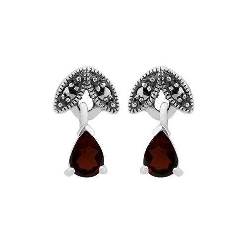 Collana e orecchini a foglia in stile Art Déco Argento 925 con granato pera e marcasite