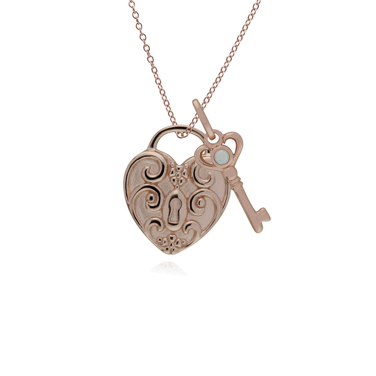 Ciondolo classico con lucchetto a cuore intrecciato in argento 925 placcato oro rosa e ciondoli chiave in opale