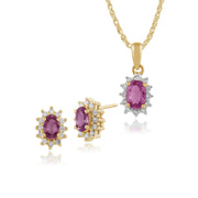 Classico pendente a grappolo e orecchini a bottone in oro giallo 375 ovale con zaffiro rosa e diamanti