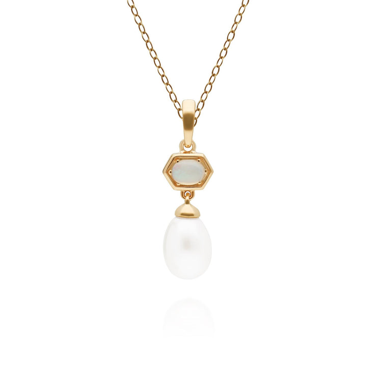 Ciondolo moderno con perla esagonale in argento 925 placcato oro perla e opale