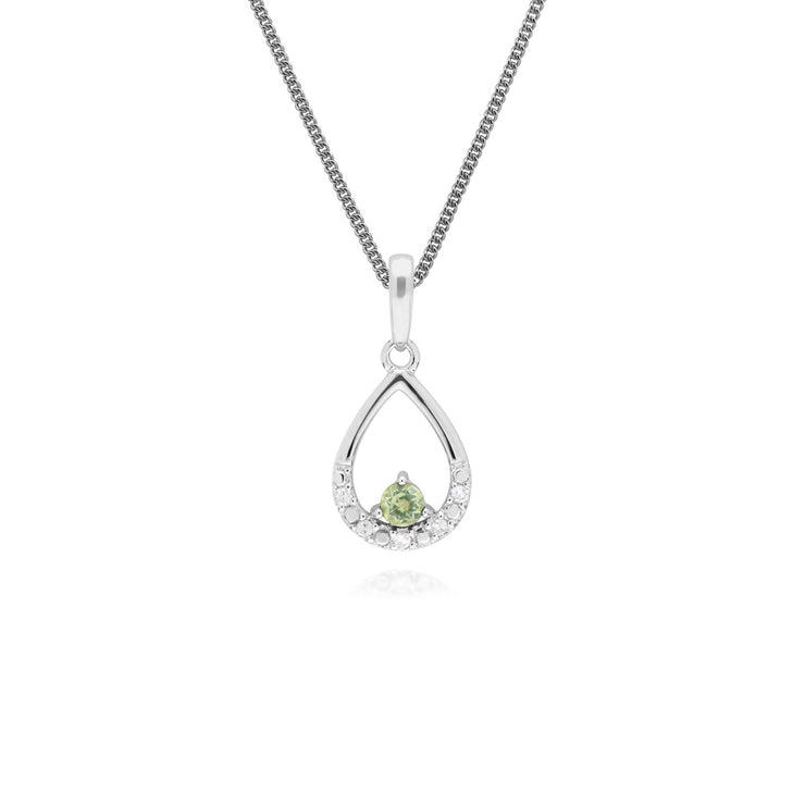 Pendente unico con peridoto e diamante pera in oro bianco da 9 ct su catena da 45 cm