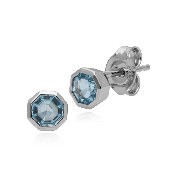 Ciondolo e orecchini geometrici in argento 925 con topazio blu ottagonale