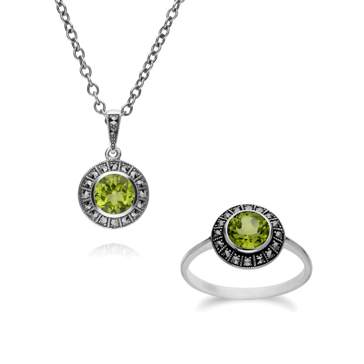Ciondolo e anello in stile Art Déco Argento 925 con peridoto e grappolo rotondo di marcasite
