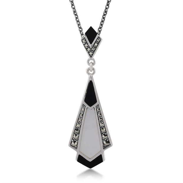 Ciondolo in stile Art Deco Argento 925 con onice nero, madreperla e marcasite