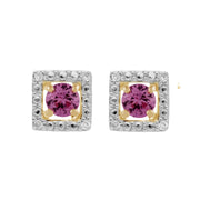 Orecchini classici con zaffiro rosa in oro giallo 375 e rivestimento auricolare quadrato con diamanti