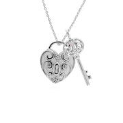 Classico pendente con lucchetto a cuore intrecciato in argento 925 e grandi ciondoli con chiave opale