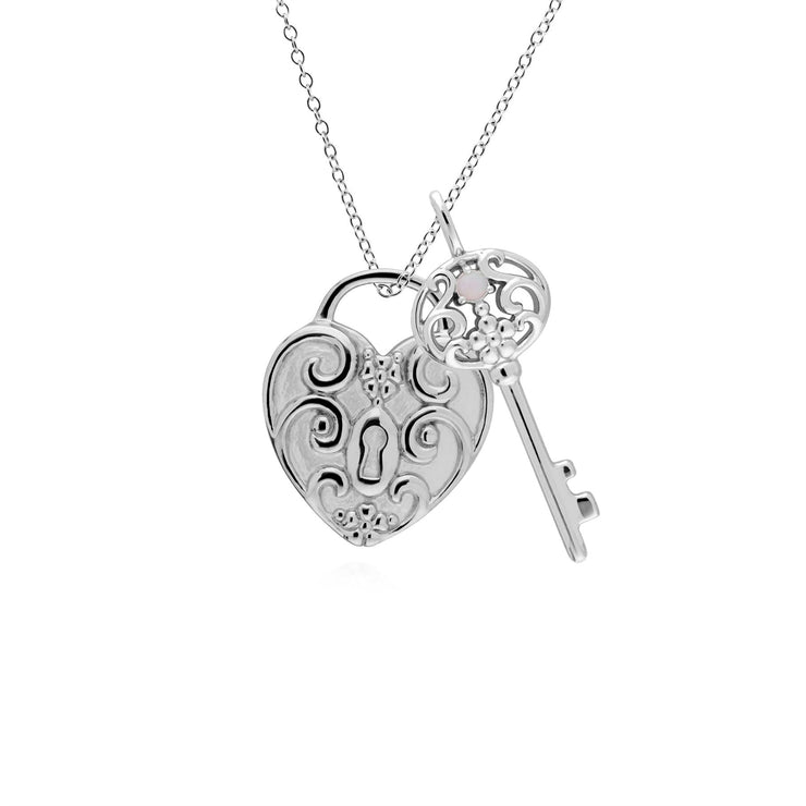 Classico pendente con lucchetto a cuore intrecciato in argento 925 e grandi ciondoli con chiave opale