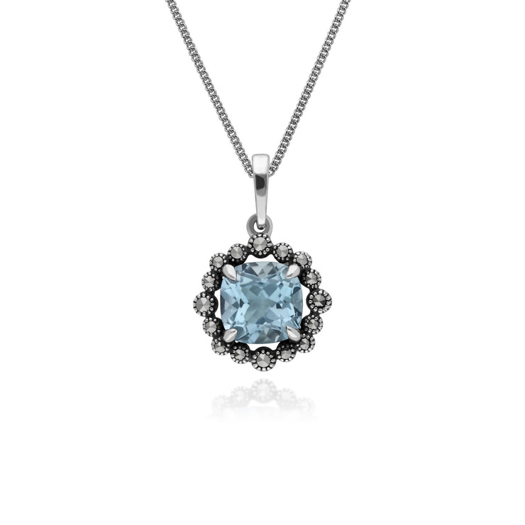 Orecchini pendenti e pendenti in stile Art Déco in argento 925 con topazio azzurro cuscino e marcasite