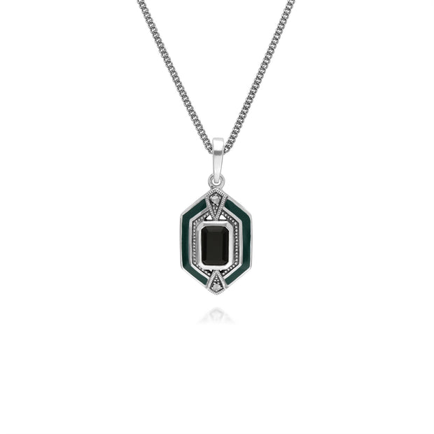 Collana esagonale da 45 cm in argento sterling, onice nero, marcasite e smalto verde