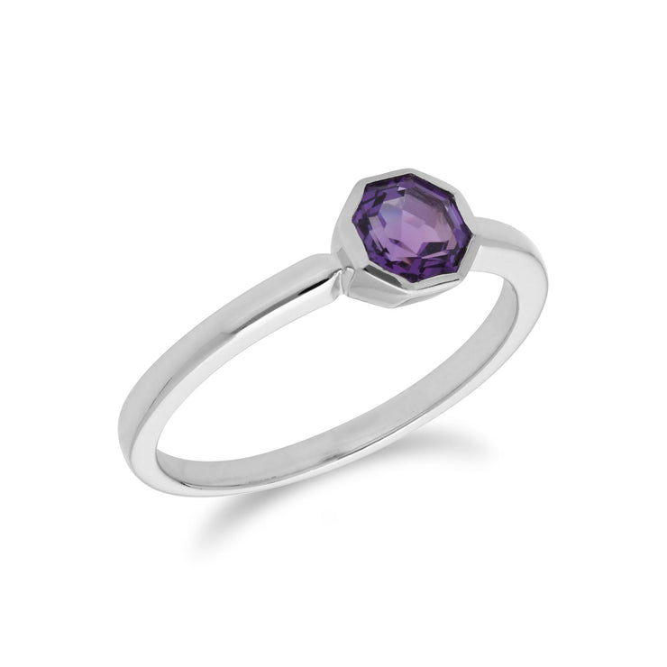 Anello e pendente in argento 925 con ametista ottagonale geometrica