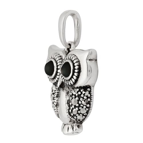 Ciondolo gufo in stile Art Nouveau e orecchini pendenti in argento 925 con onice nero rotondo