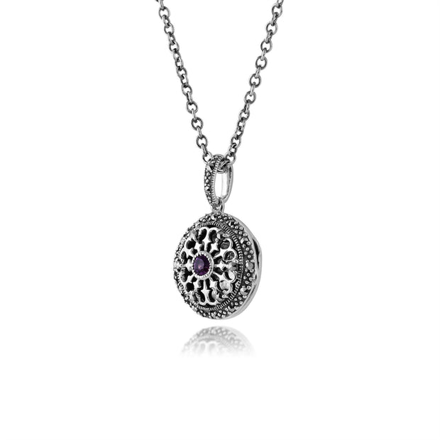 Collana portafoto in stile Art Nouveau in argento 925 tondo con ametista e marcasite