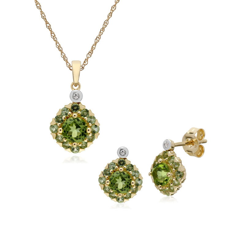 Orecchini classici a bottone e pendenti quadrati in oro giallo 375 con peridoto e grappolo di diamanti