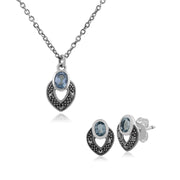 Collier et Boucles d'Oreilles Clou Style Art Déco Argent 925 Topaze Bleue et Marcassite