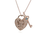 Ciondolo classico con lucchetto a cuore intrecciato in argento 925 placcato oro rosa e ciondoli chiave con topazio azzurro