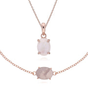 Ciondolo e bracciale classico in argento 925 placcato oro rosa con quarzo rosa ovale