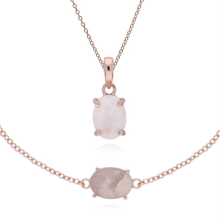 Ciondolo e bracciale classico in argento 925 placcato oro rosa con quarzo rosa ovale