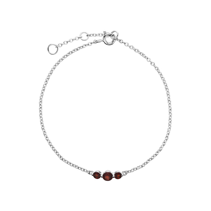 Bracciale in argento sterling con tre pietre di granato rotonde graduate da 19 cm