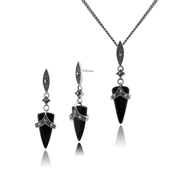 Orecchini pendenti e pendenti in stile Art Déco in argento 925 con onice nero e marcasite