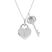Classico ciondolo con lucchetto a cuore in argento 925 e grandi ciondoli chiave con topazio blu