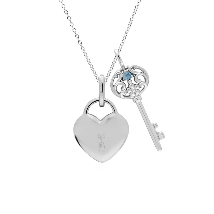 Classico ciondolo con lucchetto a cuore in argento 925 e grandi ciondoli chiave con topazio blu