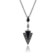 Collana Trangle e Orecchini Pendenti Stile Art Deco Argento 925 Onice Nero e Marcasite