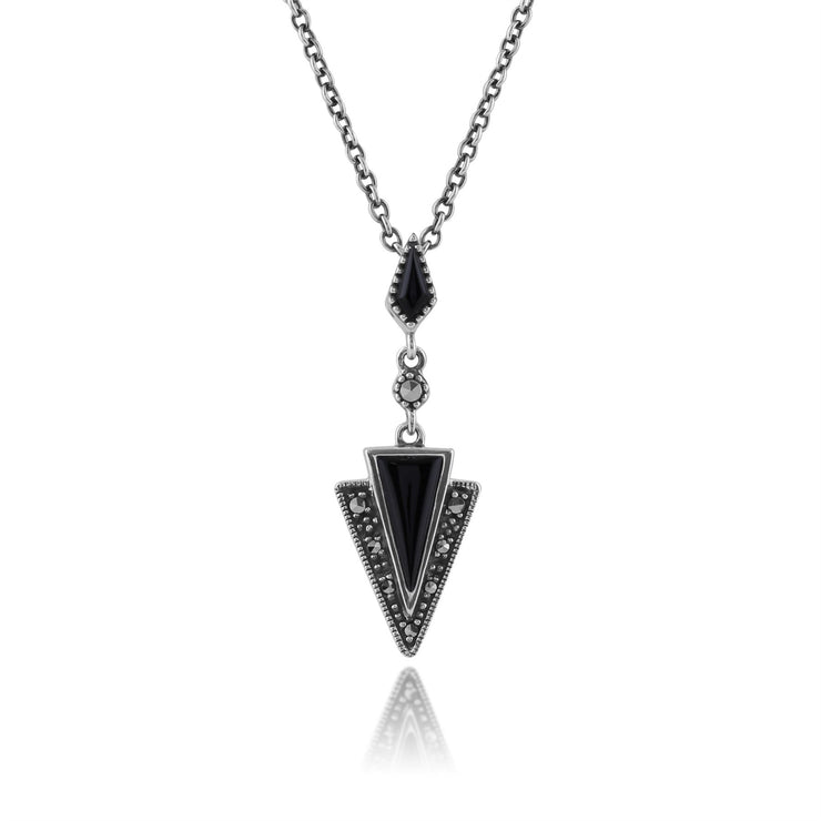 Collana Trangle e Orecchini Pendenti Stile Art Deco Argento 925 Onice Nero e Marcasite