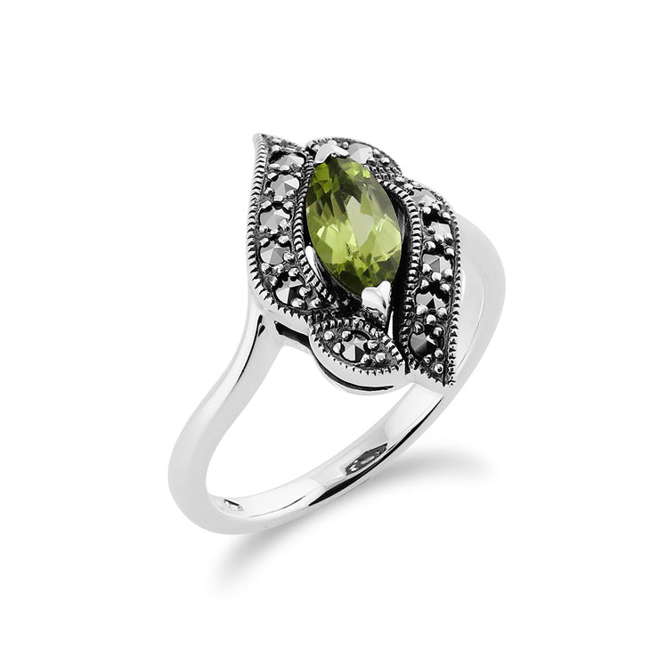 Gemondo Anello in argento con peridoto da 0,52 ct e marcasite da 0,19 ct in stile Art Nouveau