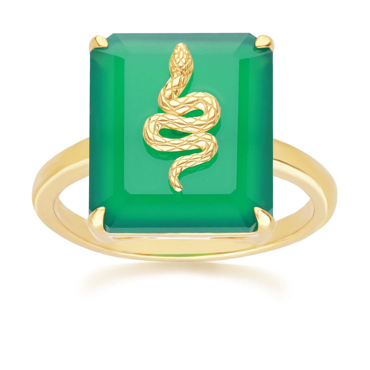 Anello grande serpente decorativo in calcedonio verde in argento placcato oro fino