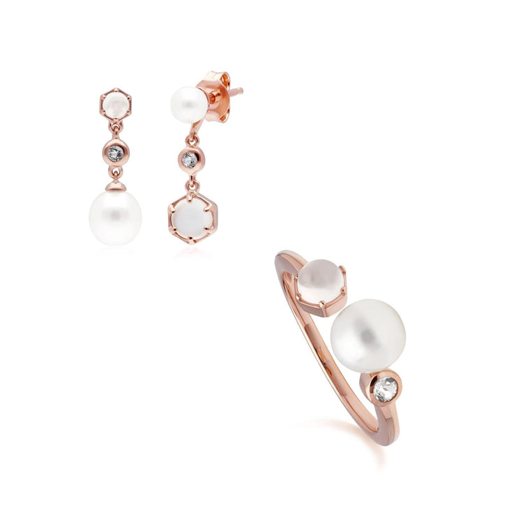 Anello e orecchini con perla moderna Argento 925 placcato oro rosa Pietra di luna, topazio e perla
