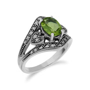 Anello Gemondo con peridoto, anello ovale in stile Art Nouveau con peridoto e marcasite in argento sterling - Peridoto