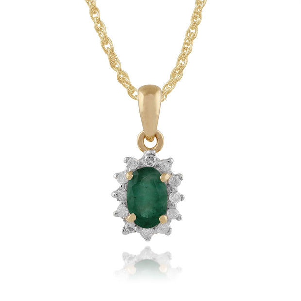 Ciondolo e anello ovali classici in oro giallo 375 con smeraldi e diamanti a grappolo