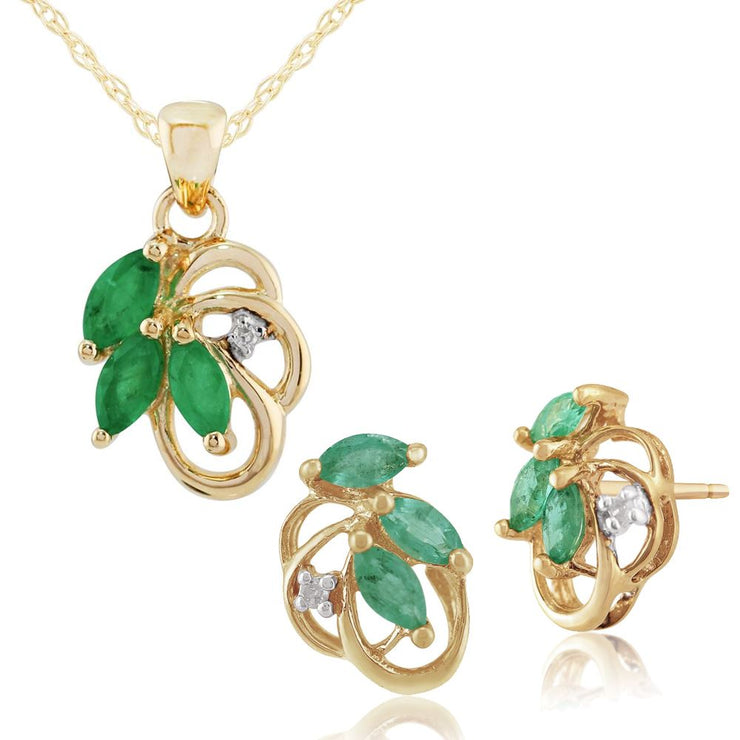 Ciondolo a foglia in stile Art Nouveau e orecchini in oro giallo 375 con smeraldo marquise e diamanti