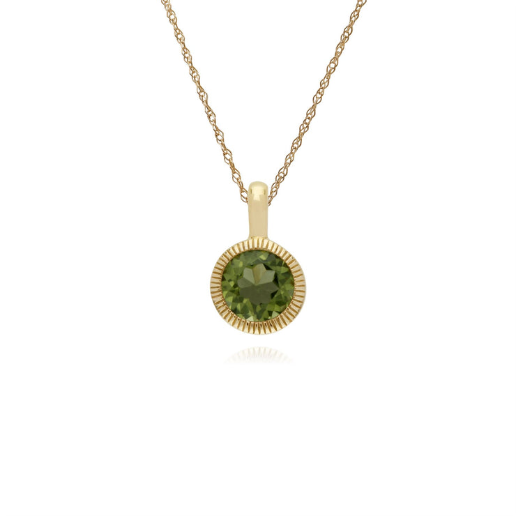 Collana con peridoto, pendente singolo rotondo Milgrain con pietra peridoto in oro giallo da 9 ct su catena da 45 cm