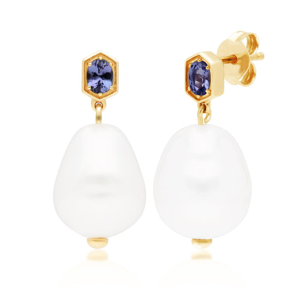 Moderni orecchini pendenti con perle barocche e tanzanite in argento 925 placcato oro