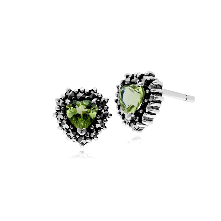 Ciondolo e orecchini a forma di cuore in stile Art Déco. Argento 925 con peridoto e marcasite